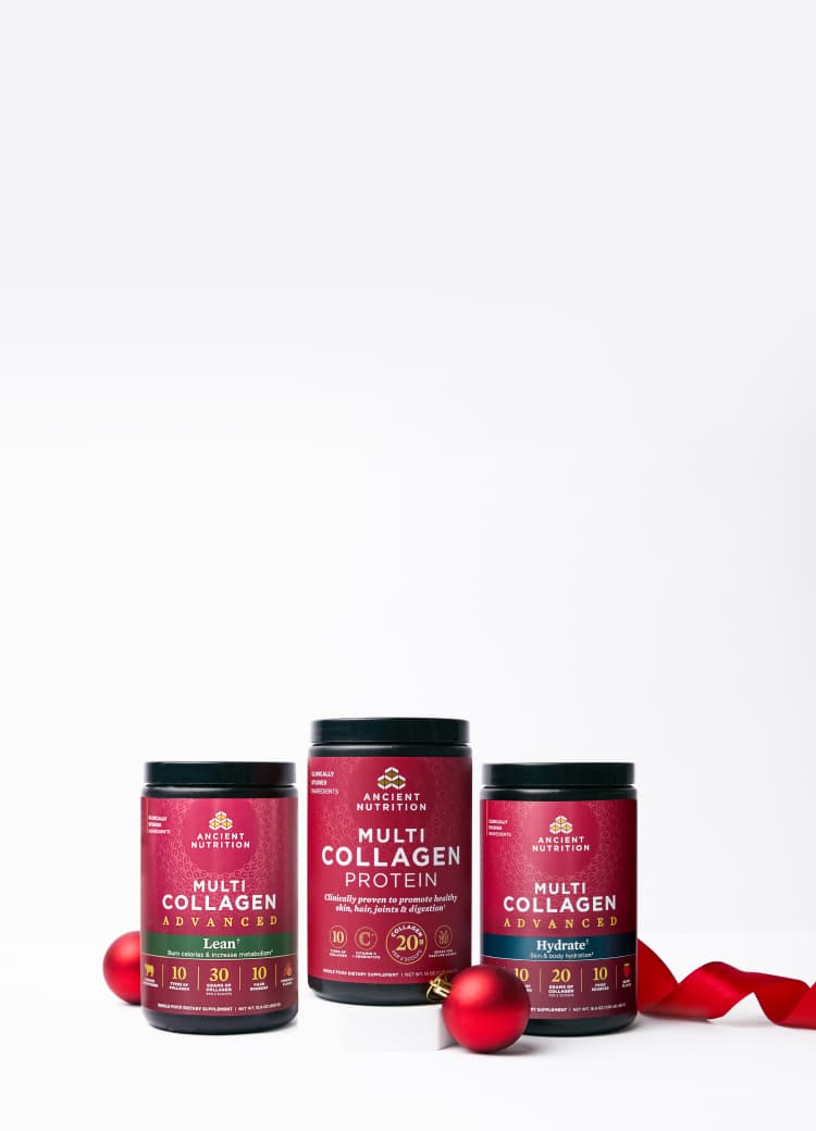 3 bottles of multi collagen protein powder on a white background