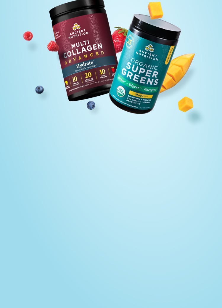 Containers of Ancient Nutrition Multi Collagen Advanced Hydrate and New Organic SuperGreens Powder Mango with berries and mango chunks on a blue background