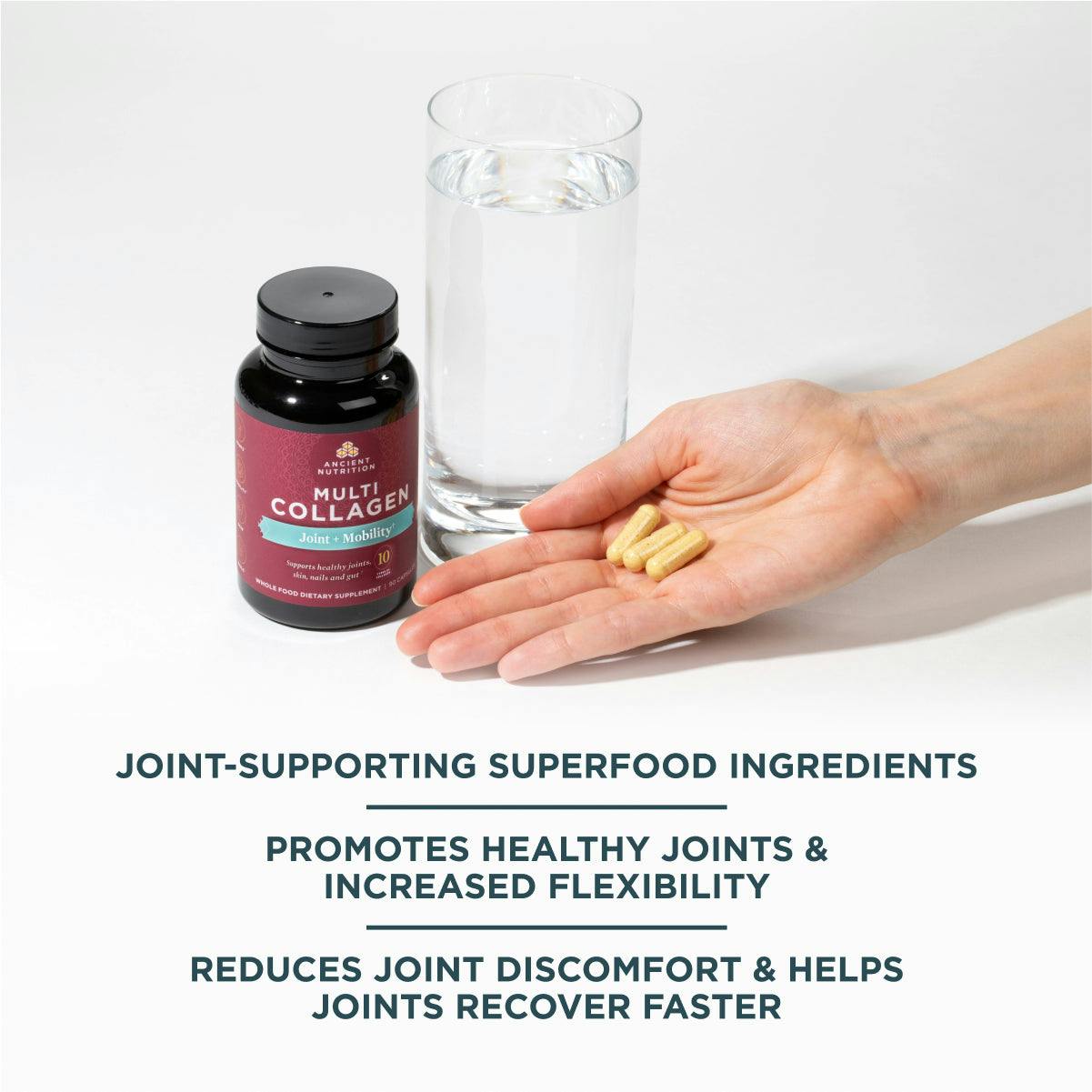 person holding multi collagen capsules joint + mobility