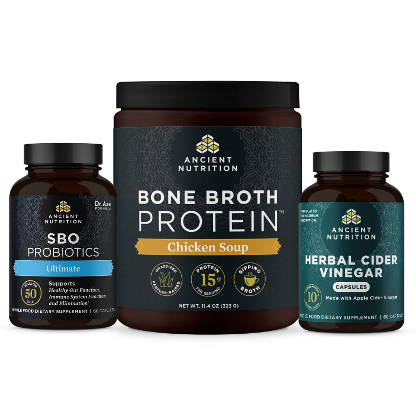 bottles of sbo probiotics ultimate, bone broth protein chicken soup and herbal cider vinegar capsules with blue bow