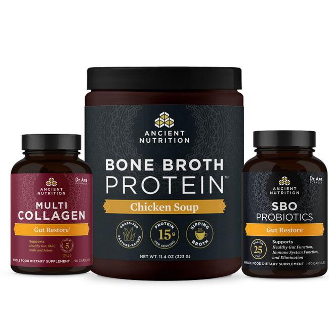 bottles of multi collagen capsules gut restore, bone broth protein chicken soup and SBO probiotics gut restore with blue bow