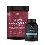 ancient nutrition multi collagen protein bottle next to SBO probiotics ultimate bottle