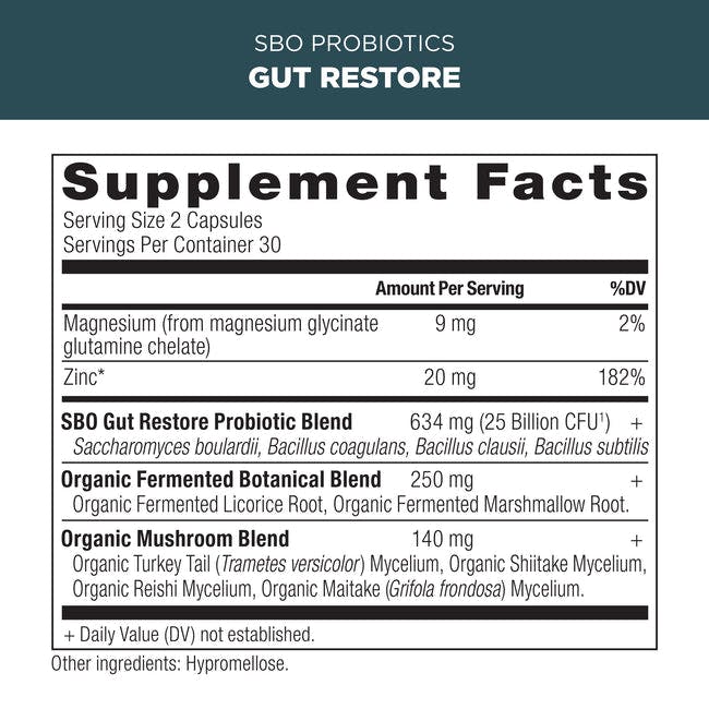 sbo probiotics gut restore supplement label