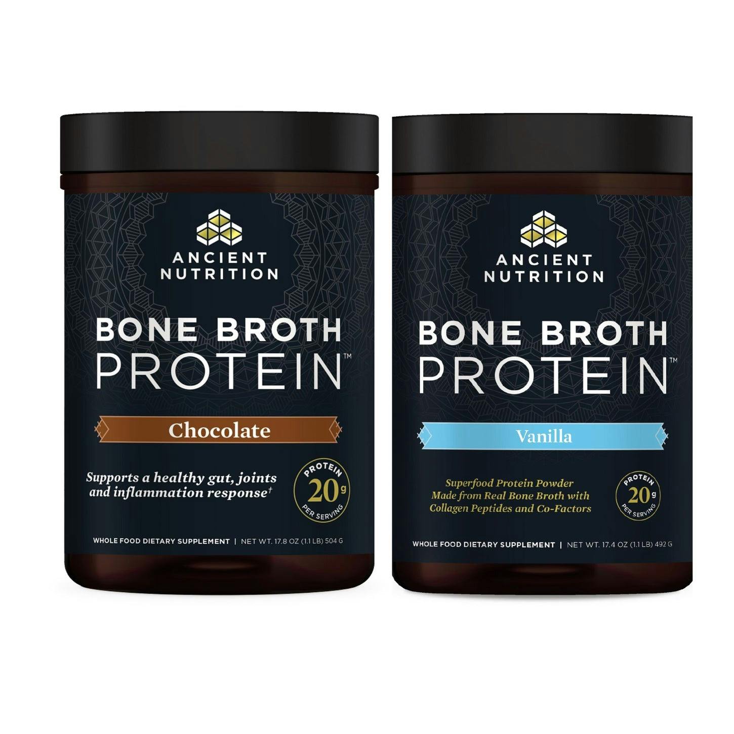 bone broth protein chocolate and vanilla bottles