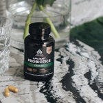 ancient probiotic ultimate bottle on marbled counter top