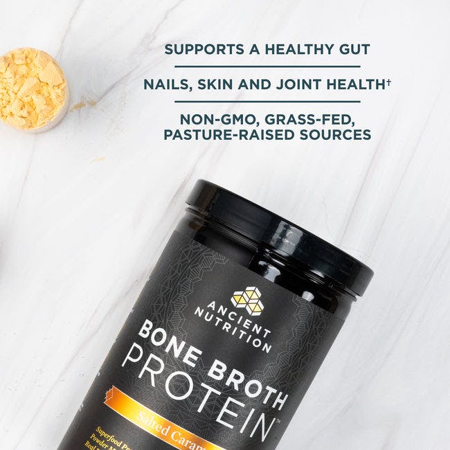 Bone broth protein salted caramel on marble counter