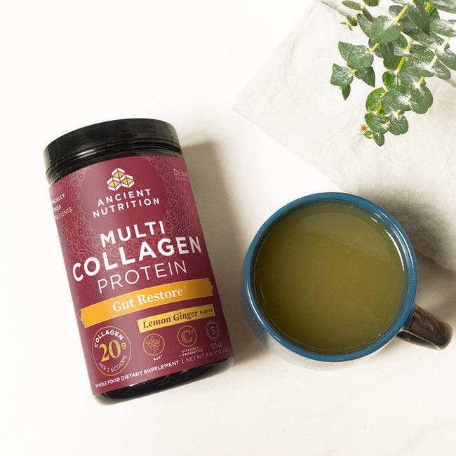 multi collagen protein lemon ginger next to mug