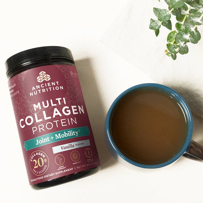 multi collagen protein joint + mobility next to coffee cup