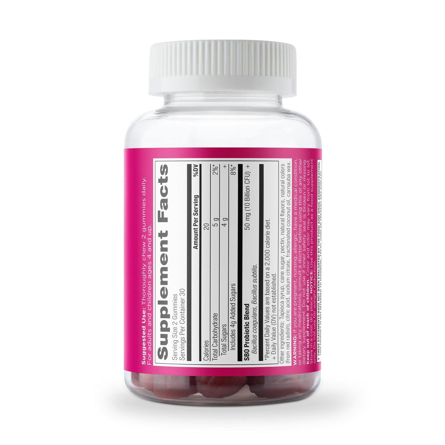 SBO Probiotics Gummies Berry - 60ct back of bottle