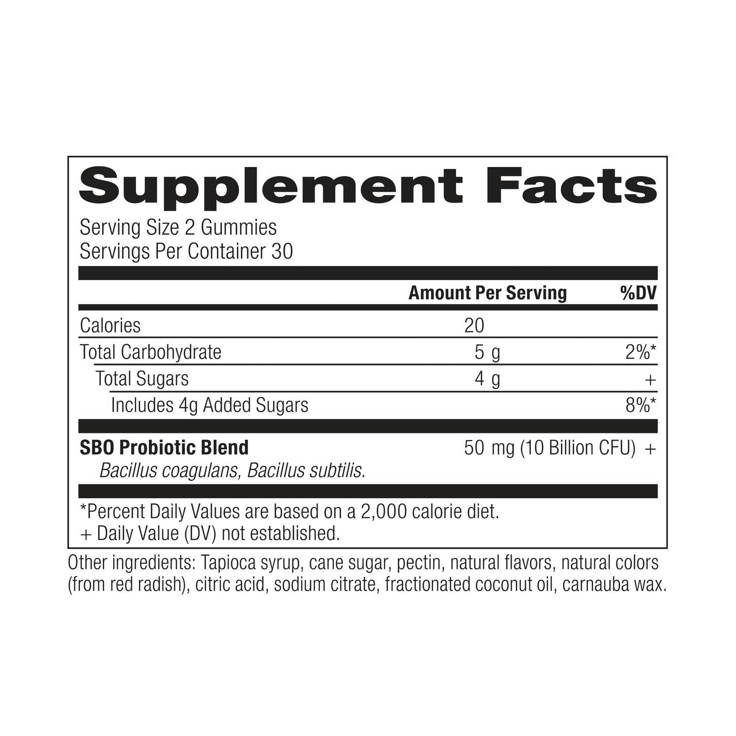 SBO Probiotics Gummies Berry - 60ct supplement label