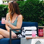 girl outside drinking strawberry lemonade