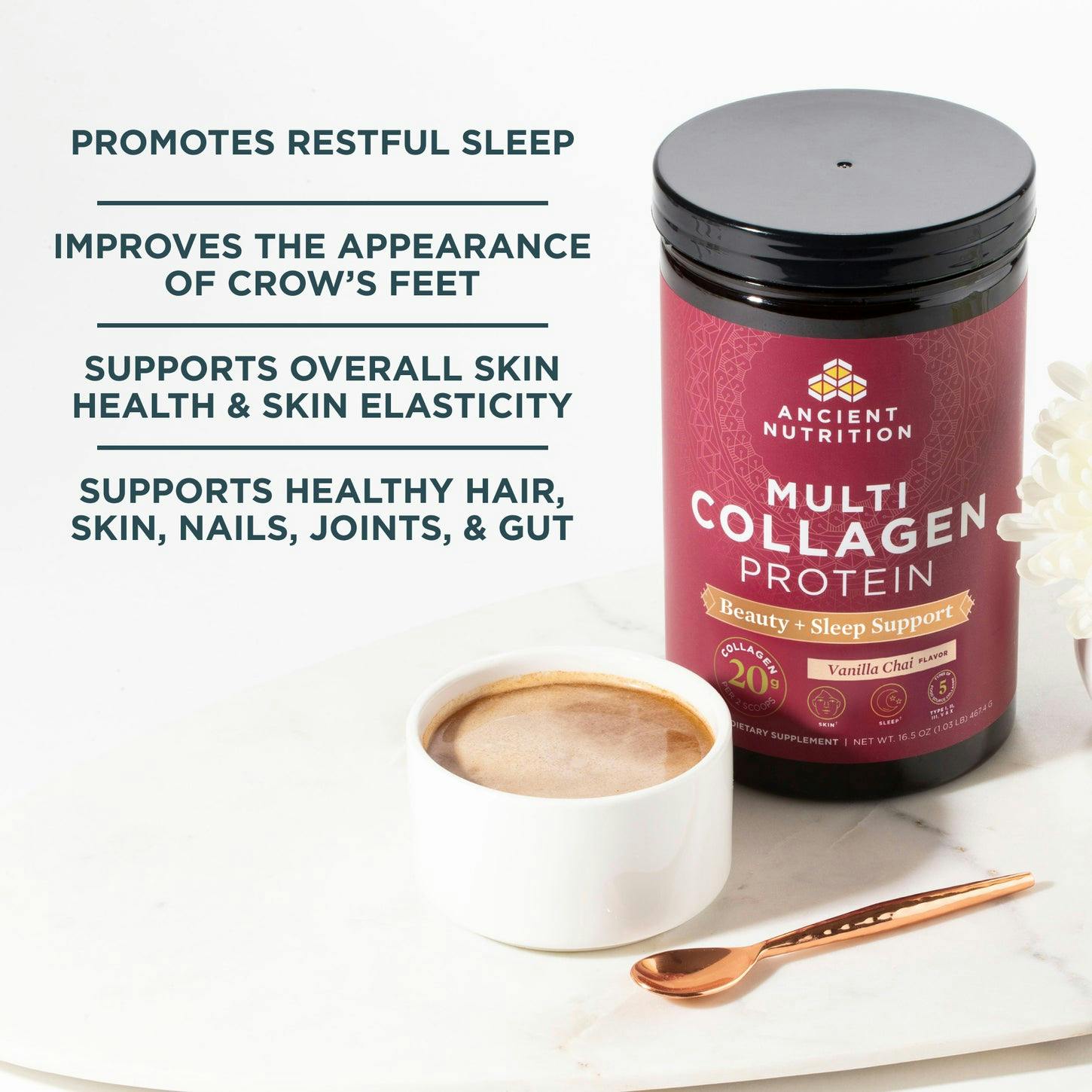 multi collagen protein beauty + sleep support next to white coffee cup