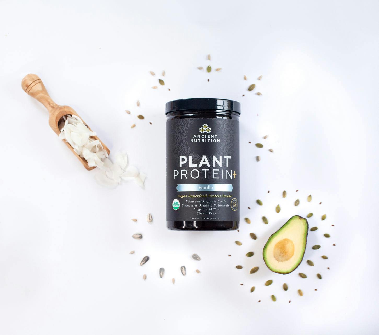Plant Protein Vanilla next to an avocado and seeds