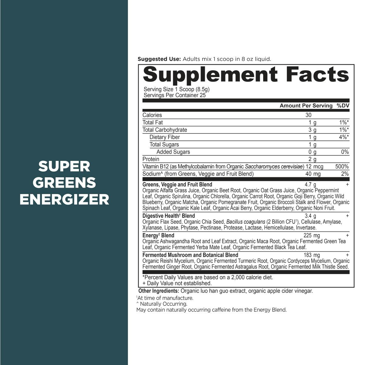 supergreens energizer powder supplement label