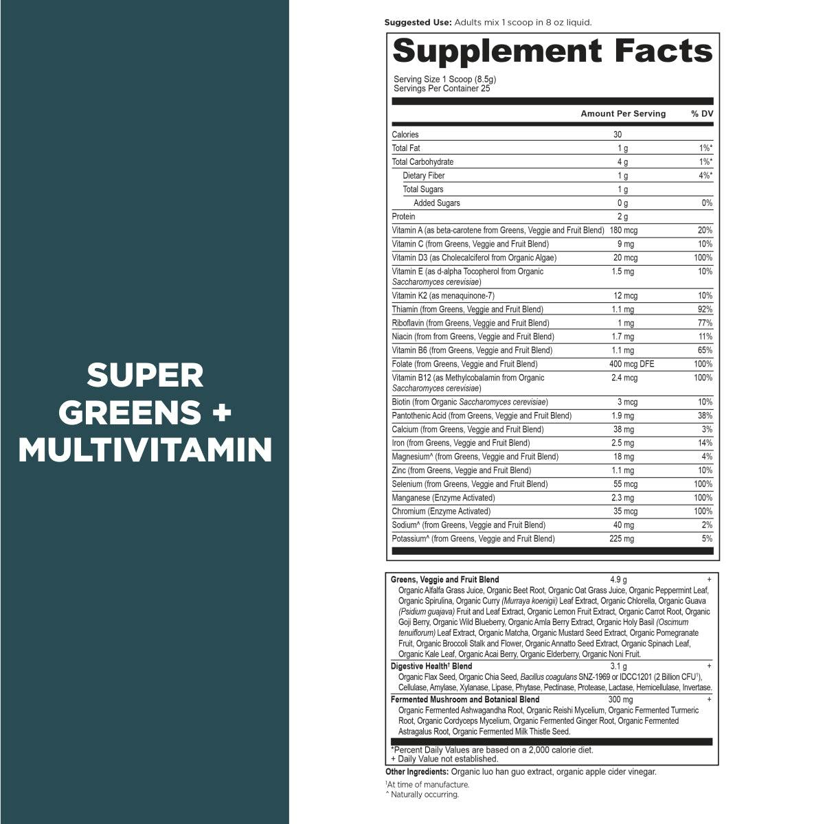 supergreens + multivitamin powder supplement label
