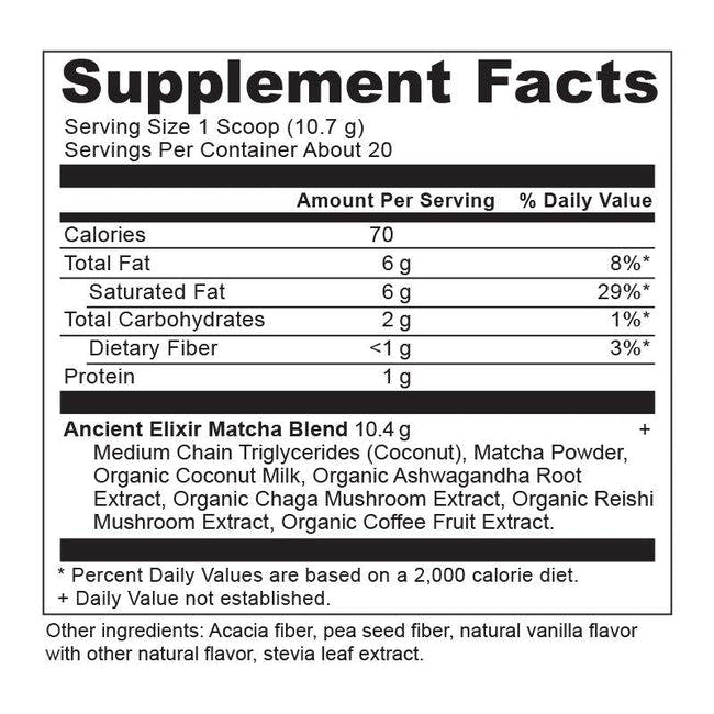 Ancient Elixir Matcha supplement label