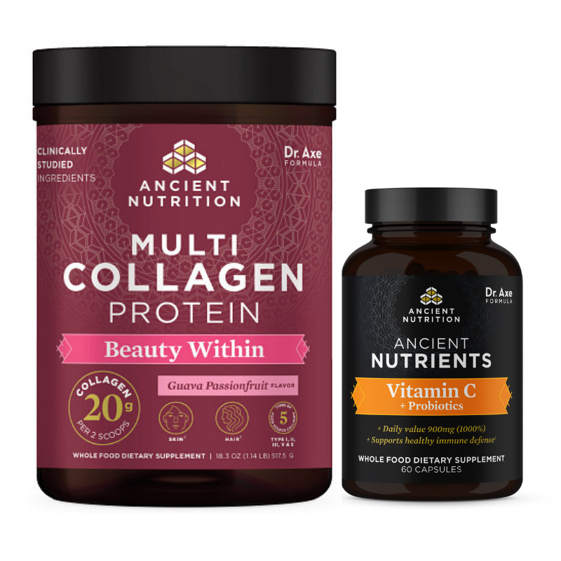 Bottle of Multi Collagen Protein Beauty Within powder and bottle of vitamin c 