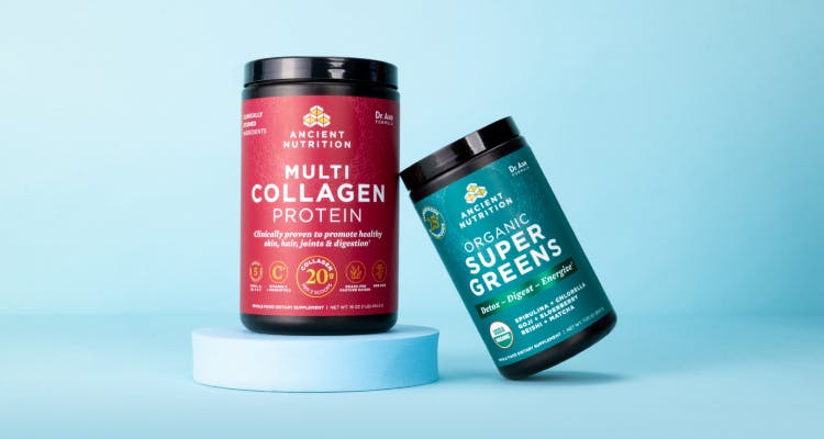 bottle of multi collagen and supergreens on a blue background