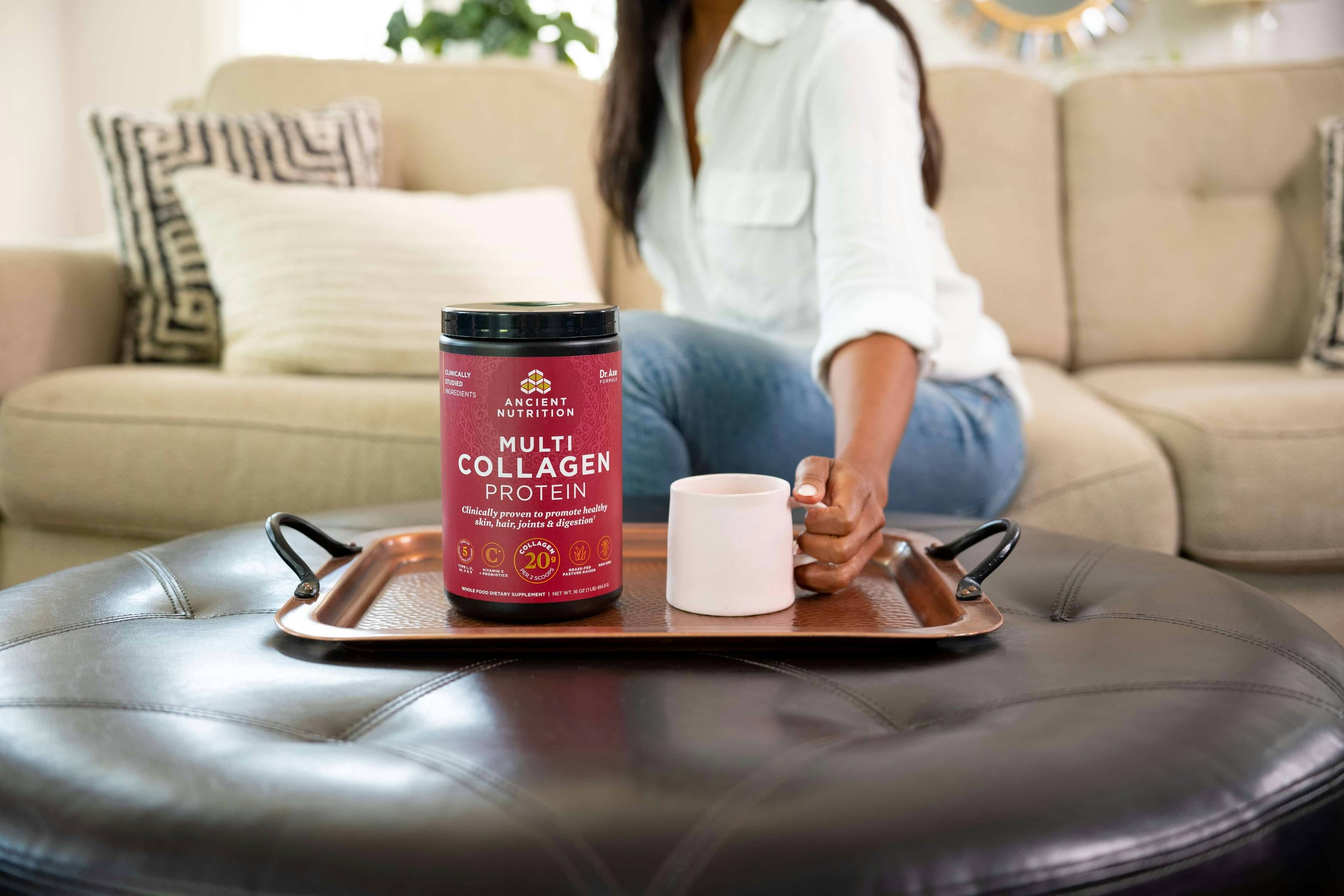 multi collagen protein on a tray in a living room setting