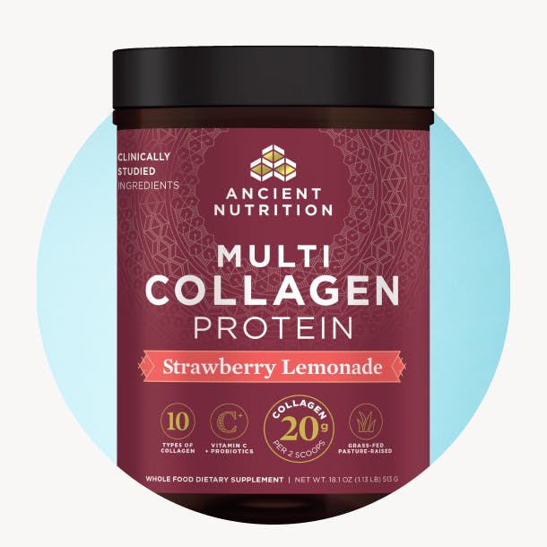 bottle of multi collagen protein strawberry lemonade