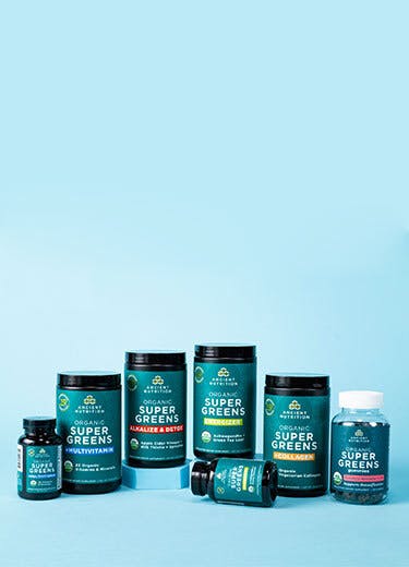 7 new Ancient Nutrition Organic SuperGreens  on a blue background