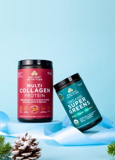 Multi Collagen Protein and Organic SuperGreens bottles on ribbon 