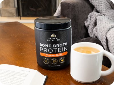 bone broth protein tomato basil bottle on a counter