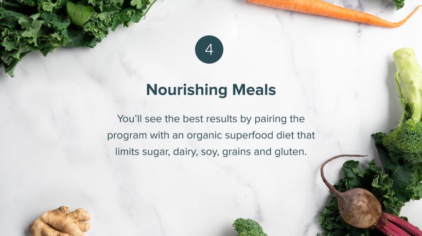 Nourishing Meals You’ll see the best results by pairing the program with an organic superfood diet that limits sugar, dairy, soy, grains and gluten.