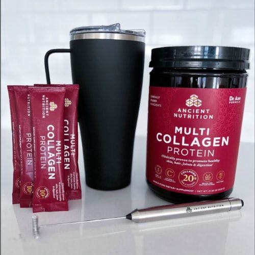 multi collagen protein next to a coffee tumbler