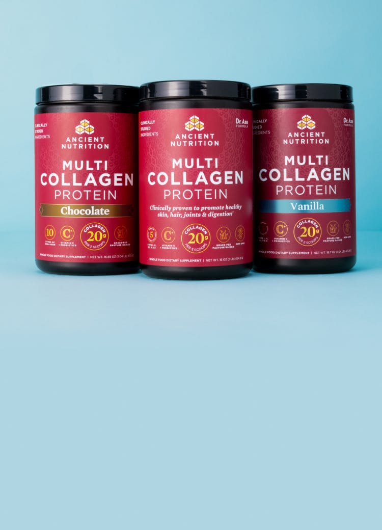 3 bottles of multi collagen protein on a blue background
