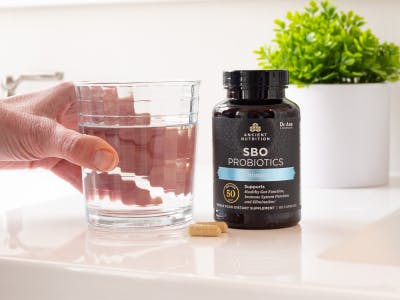 sbo probiotics bottle on a counter